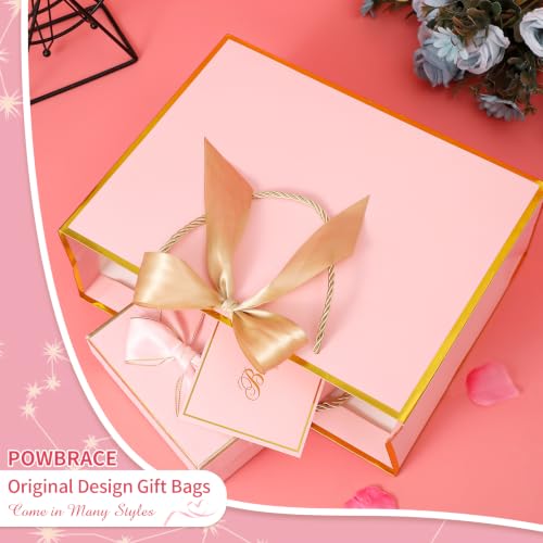 Image of Powbrace 13 inch Medium Pink Gift Bag Set with Handle - 2 Bags Featuring Bows, 4 Tissues, and 2 Greeting Cards for Wedding, Baby Shower, Father's Day, Mother's Day, Birthday Party