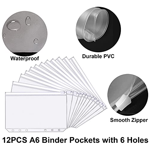 A6 Budget Binder Cover With 12Pcs 6 Hole Cash Envelopes, Clear Pvc Loose Leaf Bags With Glitter Sequins Shells #TOP3