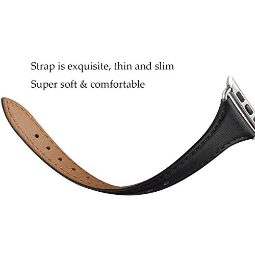 WFEAGL Leather Bands Compatible with Apple Watch Band 38mm 40mm 41mm Women, Top Grain Leather Strap Slim & Thin Replacement Wristband for iWatch SE & Series 8 7 6 5 4 3 2 1 (Black/Silver) - Thumbnail 2
