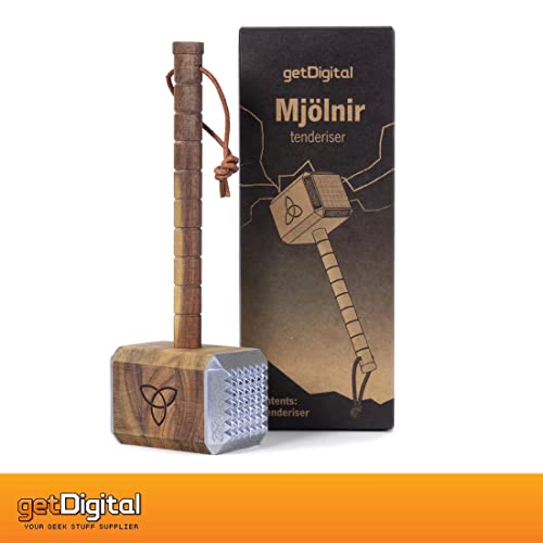 Getdigital Mjölnir Meat Tenderizer Tool - Thor's Hammer Kitchen Helper For Tenderizing Steak - Acacia Wood With Dual-Sided Aluminum Caps And Runes Decoration #TOP4