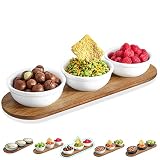 Artena 12 oz Solid Ceramic Chip and Dip Serving Set with Acacia Wooden Tray, 5-inch White Dipping Bo