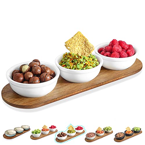 Artena 12 Oz Solid Ceramic Chip And Dip Serving Set With Acacia Wooden Tray, 5-Inch White Dipping Bowls, Small Serving Bowls For Side Dishes, Salsa, Appetizer, Serving Dishes For Entertaining #TOP21