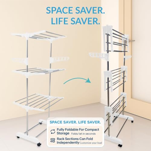 Image of H Houseware Single Pole Stainless Steel 3 Tier Cloth Drying Stand with Wheels | Foldable Clothes Dryer & Laundry Rack | Rustproof & Portable | 43.2D x 78.7W x 165H cm(White)