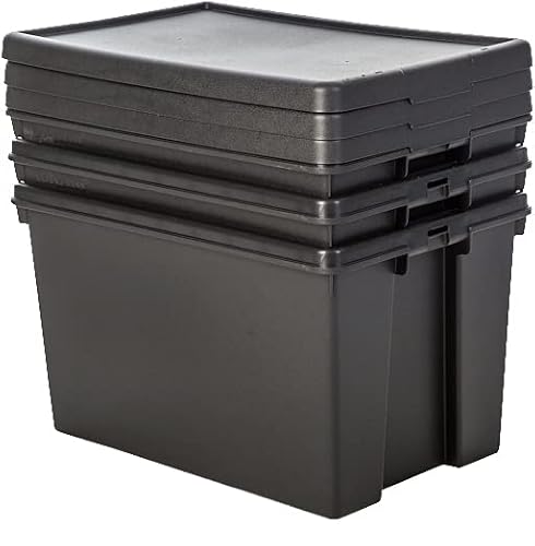JMS we create smile (Set of 3 62L 62 Litre Recycled Heavy Duty Strong Storage Boxes With Secure Lid | Storage Containers Basket For Home Office (62 LITRE, Black Bam)