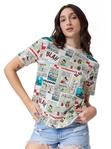 Image of The Souled Store Official Peanuts: Old School Women and Girls Relaxed fit Graphic Half Sleeve Cotton White Color Women Relaxed Fit T-Shirts