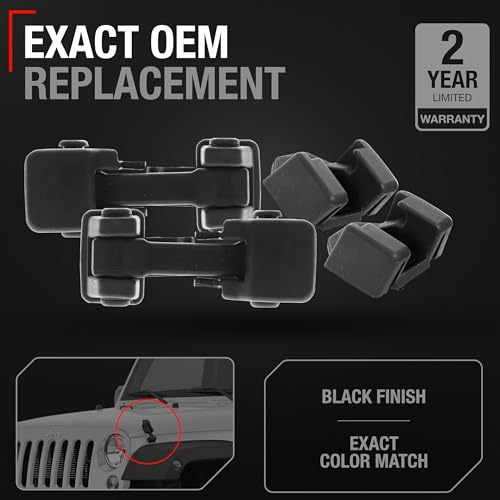 Hood Latch Replacement Set, Driver and Passenger Side - Compatible with 2007-2018 Jeep Wrangler - Rubber Hood Lock Catch Kit - OEM 55395652AC, 55395653AD - Thumbnail 2