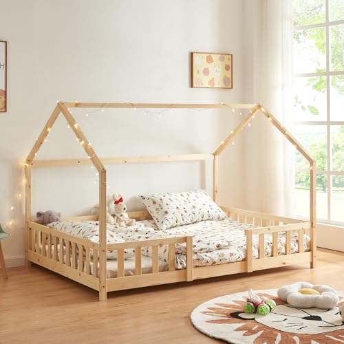 [en.casa] Kinderbett Sisimiut Hausbett Montessori 120 x 200 cm mit Rausfallschutz Holzbett für Kinder Bodenbett Lattenrost Kiefernholz Holzfarben