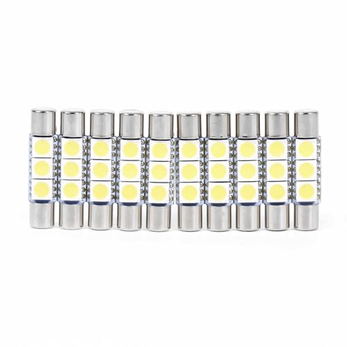 Akozon Bombilla LED Festoon para coche, 10 piezas 3 SMD 29 30 mm 6641 Fusible bombilla LED apta para luces de espejo de vanidad y luces de visera solar, 6000 k
