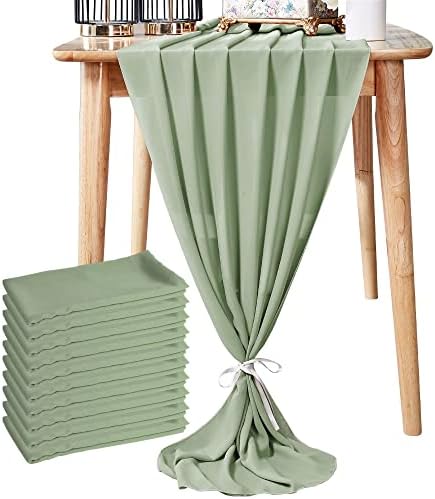 Aviviho Sage Green Chiffon Table Runner 10 Pack 10Ft Long Wedding Table Runner Sheer Table Runner 29x120 inches Rustic Gauze Table Runner for Wedding Birthday Party Bridal Baby Shower Cake Table Décor