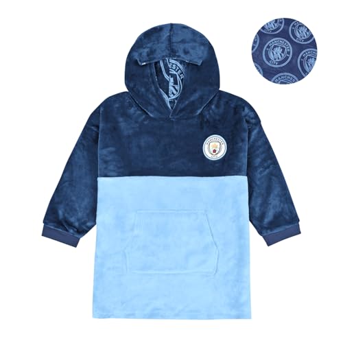 MANCHESTER CITY FC Reversible Fleece Hoodie For Kids | Boys Oversized Hooded Lounge Gown | Soft Fleece Blanket | Man City Football Gift For Boys | One Size Fits All Age 7-13 Years Blue