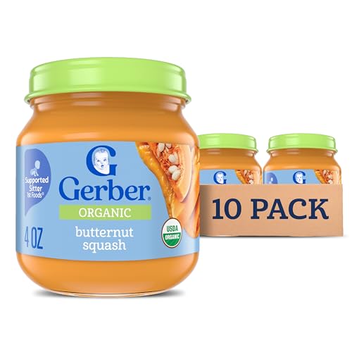 Gerber Stage 1 Baby Food, Organic Butternut Squash Jar, Baby Puree, Non-GMO, Vegetable, Puree Jars Glass, 10-pack