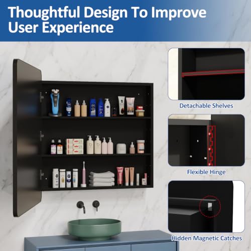 Image of ACEMIRO 30x32 Inch Bathroom Medicine Cabinet with Mirror Black Metal Framed Mirror Cabinet Recessed or Surface Wall Mounted Medicine Cabinets for Bathroom