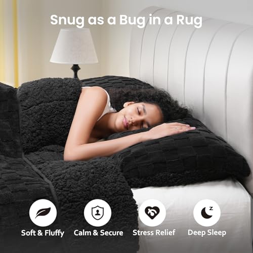 Image of 15lbs Weighted Blanket Twin Size, Classy Soft Jacquard 3D Checkered Sherpa Weighted Blankets for Adults, Cozy Fluffy Bed Blanket for Sleeping, 48 x 72 inches, Ceramic Beads, Black