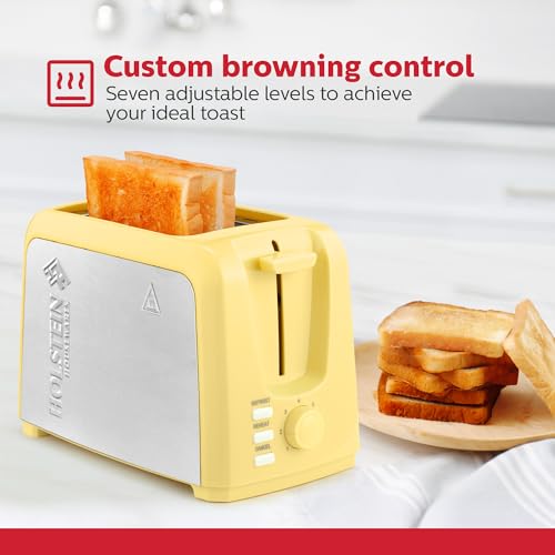 Image of Holstein Housewares - 2-Slice Toaster with 7 Browning Control Settings, Yellow /Stainless Steel - Great to Toast Bread, Bagels and Waffles