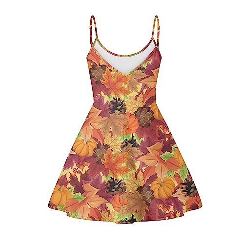 Image of Pumpkin Maple Leaf Dress Womens Happy Fall Autumn Thanksgiving Spaghetti Strap Dress Midi Flowy Backless Sun Dress for Holiday Party A Line Ruched Sundress with Adjsutable Shoulder Strap