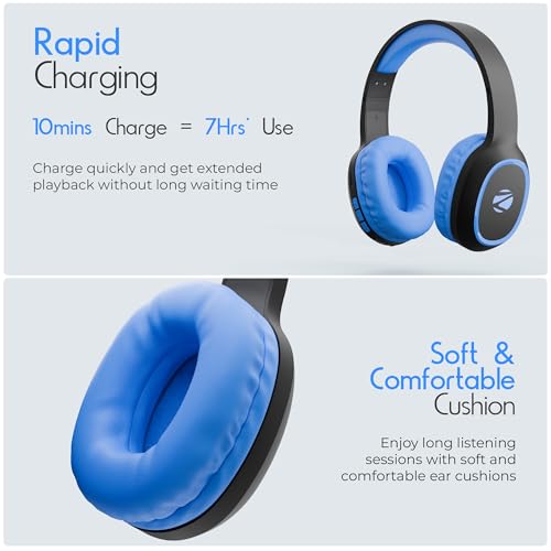 Image of Zebronics Thunder Wireless Headphones, BT v6.0, Up to 60h Playback, Dual Pairing, 40mm Drivers, ENC, Gaming Mode, AUX & microSD, Rapid Charging, Type-C Charging (Blue)
