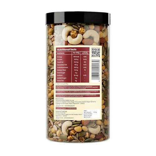 Image of Growfitz Protein Crunch Seeds & Nuts Mix, 500g | 40g High Protein | Air Roasted Almonds, Cashews, Chickpeas, Soy Nuts, Peanuts, Pumpkin & Sunflower Seeds | 0% Sugar | Export Quality Healthy Snack