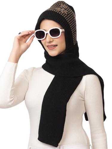 Image of AMOLDO Women's Winter Woolen Soft Warm Knitted Designer Muffler Beanie Cap with Fur | Fleece Printed Woolen Hat with Attached Scarf for Cold Weather