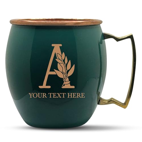 Custom Copper Moscow Mule with Smooth Painted Finish - Engraved Bar Style 100% Copper Cup with Personalized Plants Letter Monogram Themed Engraving, Brass Handle | 18 oz, Green