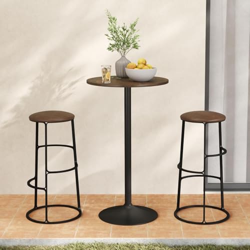 TANGZON Round Bar Table, 60CM Steel Frame Bistro Pub Table with Fixed Top, Metal Base & Non-Slip Mat, Dining Desk for Home Kitchen Pub Bistro, Easy Assembly (2, Rustic Brown, 60 x 60 x 101cm) - Image 7