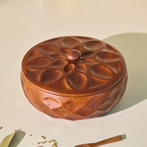 Image of Brick Brown Saku Wooden Masala Box with Lid | Spice Box Organizer Storage Box with 7 Stainless Steel Containers & Wooden Spoon | Hand-Carved Masala Dani Spice Rack for Kitchen 8.5x 8.5 x 4.5 Inch