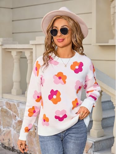 Angashion Women Long Sleeve Sweater - Fall Casual Crewneck Knit Tops Floral Print Cute Loose Pullover Jumper4