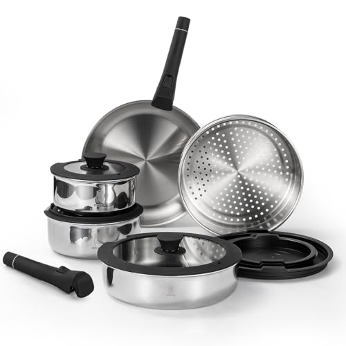 ROYDX- Juego de 16 ollas y sartenes, juego de utensilios de cocina de acero inoxidable 18/10 con asas desmontables ajustables para caravana, apto para lavavajillas y horno