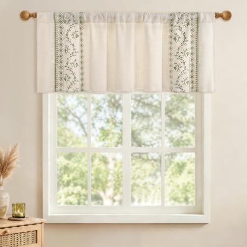 Image of Yinhua Boho Valances for Windows Sage Green Embroidered Floral Valance Curtains, Light Filtering Farmhouse Window Valances Rod Pocket Kitchen Valance Curtains for Living Room, Bathroom, 52 inch W x 18 inch L