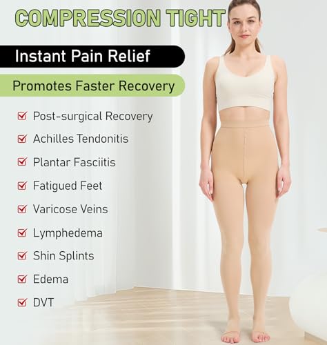 Image of KEKING Medical Compression Pantyhose for Women & Men, Comfort 15-20 mmHg Graduated Compression Support Stockings, Open Toe Compression Tights for Varicose Veins, Edema, Flight, Beige XL