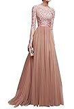 ORANDESIGNE Damen Elegant 3/4 Ärmel Kurzarm Brautjungfern Kleid Floral Spitzen Abendkleid Dress Maxikleid Lang Tüllkleid Ballkleid Cocktail Hochzeit Rosa L
