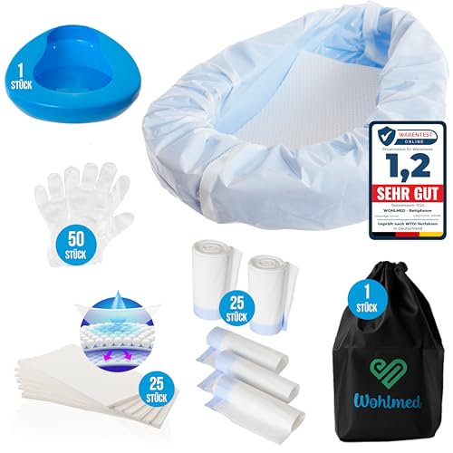 Wohlmed bequeme Bettpfanne für Frauen und Männer inkl. 50 Paar Handschuhen 25 saugstarken Einlagen 25 Einwegbeuteln und diskreter Schutztasche abgerundete Kanten geruchs- und auslaufsicher