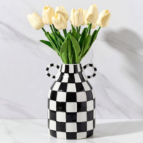 Ninehaoou Black and White Checker Ceramic Vase with Double Ears Mid Century Modern Checker Flower Vase Home Decor for Table Centerpiece, Home Office Decor, Housewarming Gift