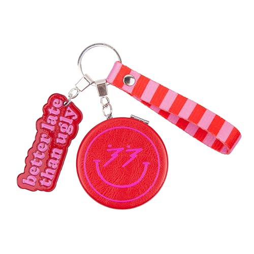 Fisura – Llavero de metal original con espejo y mensaje “better late than ugly”. Llavero de mujer rosa y rojo. Espejo de mano. Regalo para mujer Dia de la madre o cumpleaños.