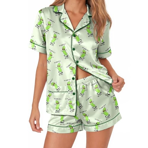 CENCORY Women Satin Pajamas Set Short Sleeve Button Down Pickle Lover Foodie Funny Gift Pickle Large