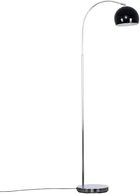 MiniSun Modern Designer Style Polished Chrome Curved Stem Floor Lamp with a Gloss Black Arco Style Metal Dome Light Shade