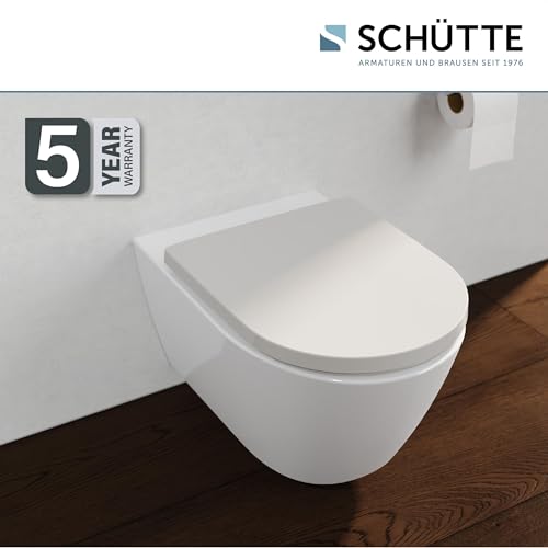 SCHÜTTE D-Form WC-Sitz mit Absenkautomatik, Abnehmbarer Klodeckel aus bruchsicherem Duroplast, DIY Montage mit Schablone, Toilettendeckel und Brille bis 200 kg belastbar, Weiß