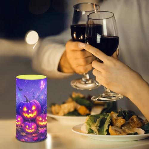 Image of Poceacles Halloween Flameless Light Candles Battery Operated Candles with Color Changing Timer Remote Control Tealights for Halloween Party Decor, Violet Pumpkin Butterfly Bat Print