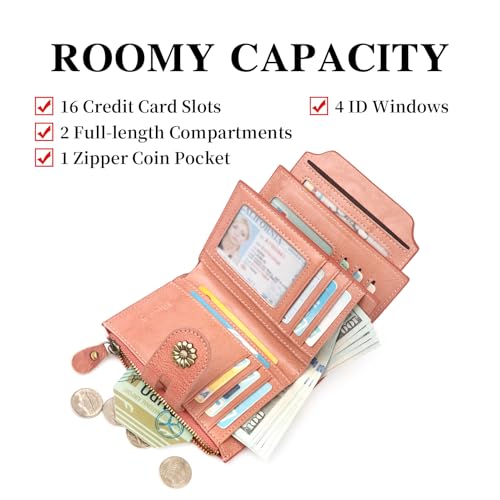 Image of Wallet Women,RFID Blocking Leather Womens Wallet Bifold Compact Card Holder Small Wallet for Women with Removable ID Window Pink