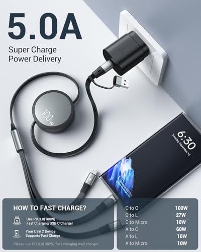 Image of CAFELE 100W Multi Charging Cable, 6-in-1 Retractable USB C /A Cable, 5A Fast Charger Cord for Multiple Devices with Type C /L /Micro Ports for Phone 17 16 15 14 Pro Max, S24 /S23, MBook, Pad (3.6ft)