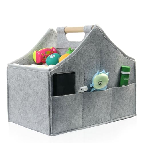 Image of Baby diaper caddy organizer, car felt caddy, baby product storage basket, solid wood handle, detachable partition storage basket for daycare,Best Gift Basket for Babies (grey)
