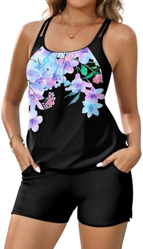 Arolina Tankini Swimsuits for Women Modest Two Piece Blouson Bathing Suit Tank Top with Boy Shorts Pockets (S-24W)