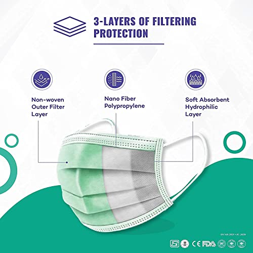 Image of Careview CARE VIEW N95 N95 SITRA Approved, 3 Ply Disposable Surgical Mask (Green, Pack of 100) With Built in Metal Nose Pin and 1 Melt Blown Layer