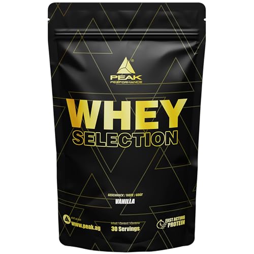 PEAK Whey Selection - 900g Geschmack Vanilla I 30 Portionen I für Muskelaufbau I Proteinquelle: Whey Konzentrat, Isolat, Hydrolysat + freies L-Leucin I mit Laktase