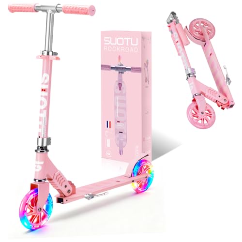 SUOTU Patinete Niño con Grandes Ruedas Iluminadas de 145 mm, Carga Máxima: 100 kg, Scooter para Niños de 3 a 12 Años, Plegable, Volante Ajustable Altura, Aluminio (Rosa)