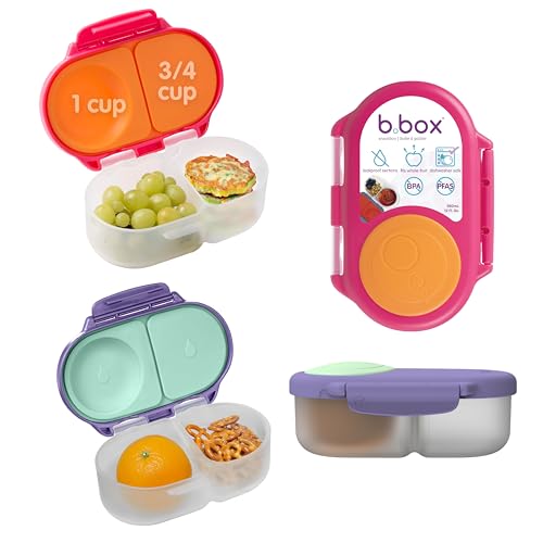 b.box Snack Box 2-Pack - Leak Proof Mini Bento Box for Kids & Toddlers, 2 Compartment Snack Containers for Kids, Dishwasher Safe, BPA-Free, PFAS-Free, Ages 4mo+, 1 3/4 Cup Each (Strawberry + Lilac)