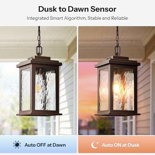 Image of Gleamz Dusk to Dawn Outdoor Pendant Light with Adjustable Chain, Bronze | Oil Rubbed Bronze(Gold Trim), Aluminum Hanging Porch Light , Outdoor Chandelier for Porch, Driveway, Patio, Easy Installation