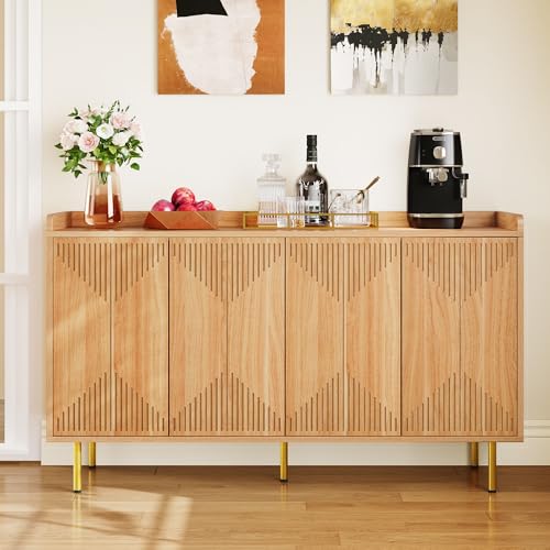 DWVO 55" Kitchen Storage Cabinet, Modern Sideboard Buffet Cabinet with Storage, Adjustable Shelves and Carved Design Doors for Living Room, Dining Room, Natural