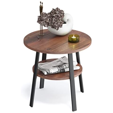 Stardis Side Table Round Sturdy Metal Frame / Wood Diameter 43 x Height 44 cm 2 Shelves Bedside Table Coffee Table for Living Room Bedroom Walnut Look Cover