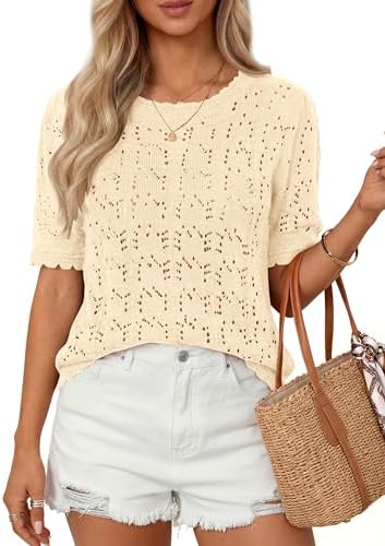 PRETTYGARDEN Women's Short Sleeve Sweater Trendy Crochet Summer T...