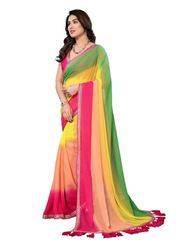 Image of RAJESHWAR FASHION WITH RF Women's Fancy Desian Ombre Georgette Saree For Women With Latkan Tassels Lace Border & Unstitched Blouse